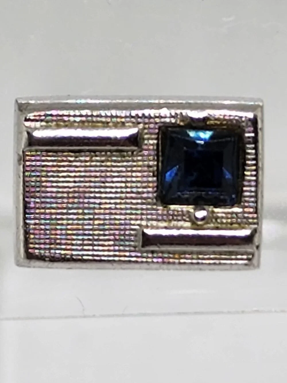 Vintage SWANK Princess Cut Blue Gem Silver Textured Tie Tack Lapel Pin Pinback